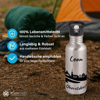Trinkflasche in Silber 600ml aus Edelstahl bedruckt mit der Skyline von Oberstdorf personalisierbar mit Wunschname
