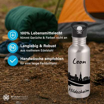 Trinkflasche in Silber 600ml aus Edelstahl bedruckt mit der Skyline von Hildesheim personalisierbar mit Wunschname