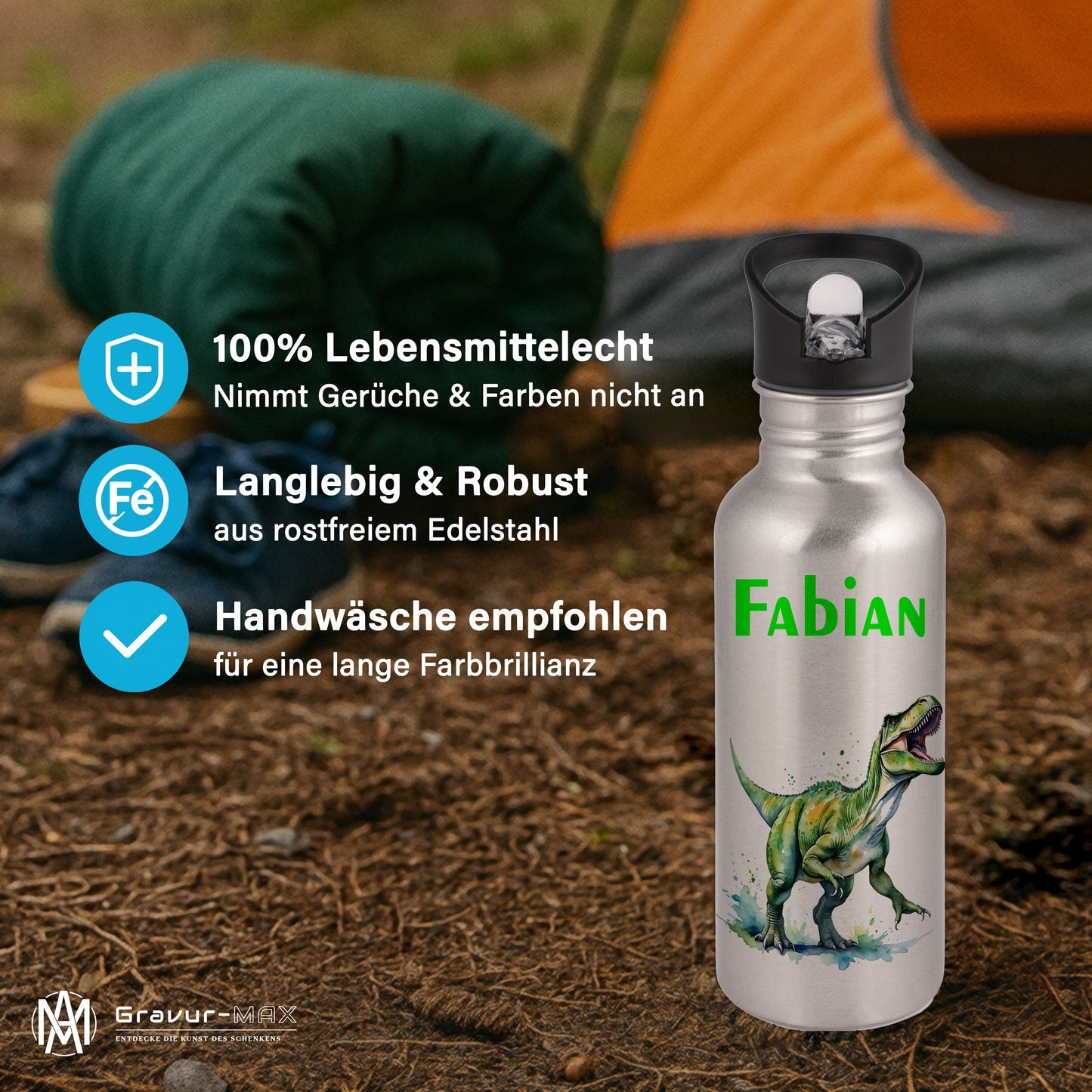 Trinkflasche mit Strohhalm in Silber 600ml bedruckt mit tollen Motiven für Kinder "Dino T-Rex" personalisierbar für Kinder mit Wunschname aus Edelstahl