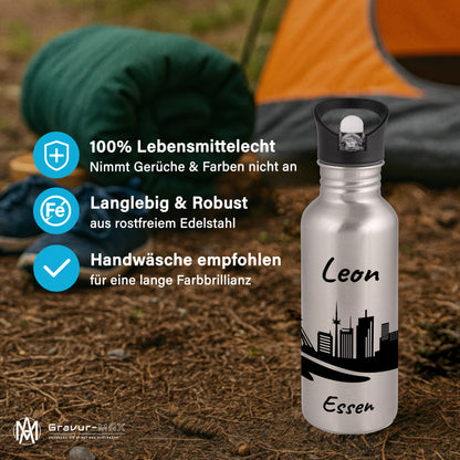 Trinkflasche in Silber 600ml aus Edelstahl bedruckt mit der Skyline von Essen personalisierbar mit Wunschname
