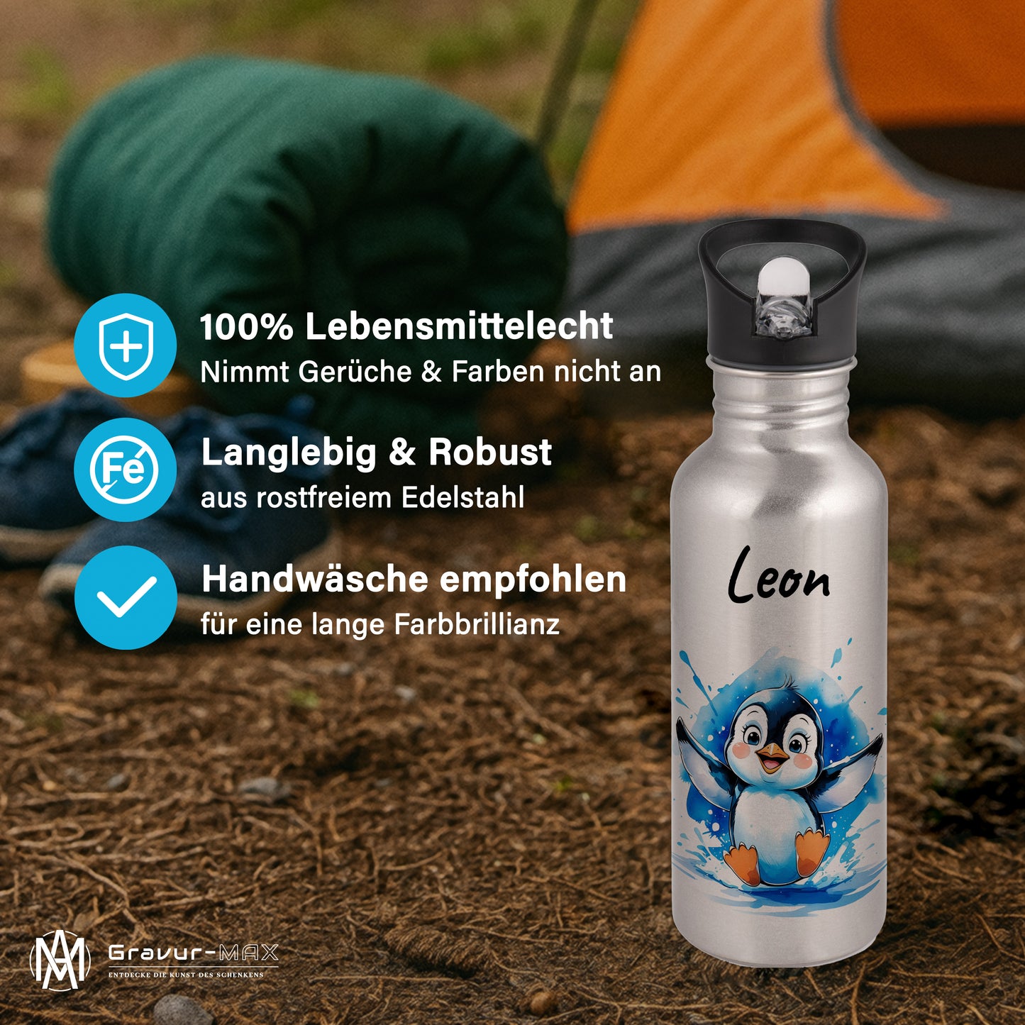 Trinkflasche mit Strohhalm in Silber 600ml bedruckt mit niedlichen Tieren"Pinguin" personalisierbar für Kinder mit Wunschname aus Edelstahl