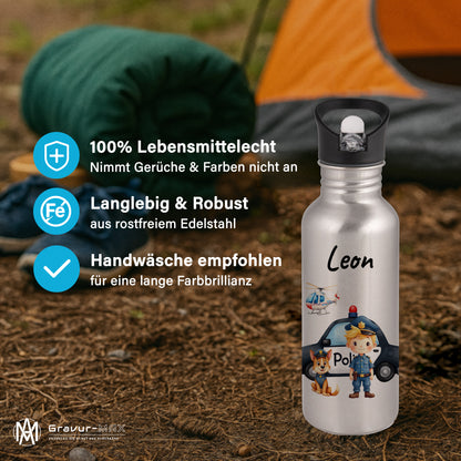 Trinkflasche mit Strohhalm in Silber 600ml bedruckt mit tollen Motiven für Kinder "Polizei" personalisierbar für Kinder mit Wunschname aus Edelstahl