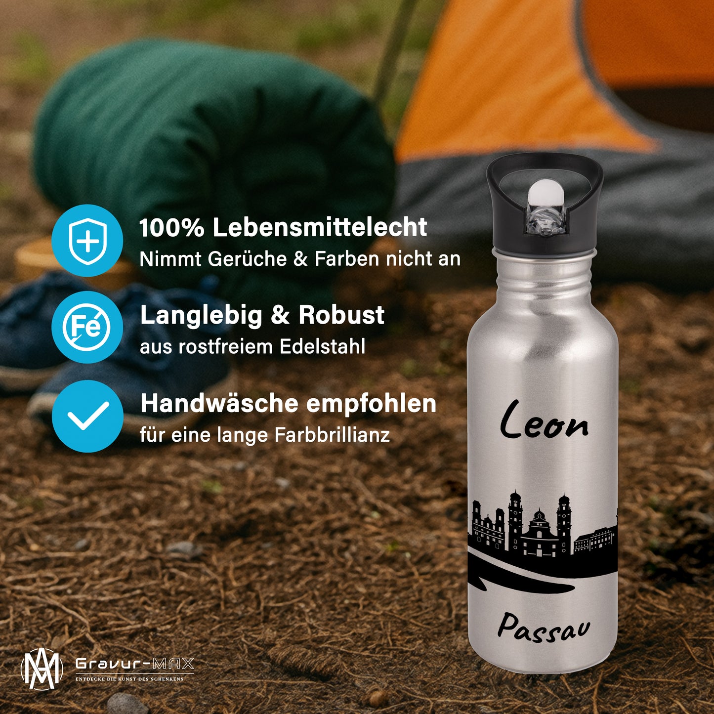 Trinkflasche in Silber 600ml aus Edelstahl bedruckt mit der Skyline von Passau personalisierbar mit Wunschname