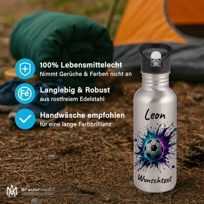 Trinkflasche mit Strohhalm in Silber 600ml bedruckt mit Fußball Motiven"Motiv10" personalisierbar für Kinder mit Wunschname aus Edelstahl