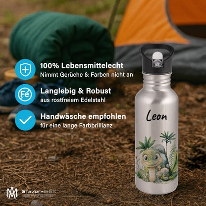 Trinkflasche mit Strohhalm in Silber 600ml bedruckt mit Dschungel Tieren"Krokodil" personalisierbar für Kinder mit Wunschname aus Edelstahl