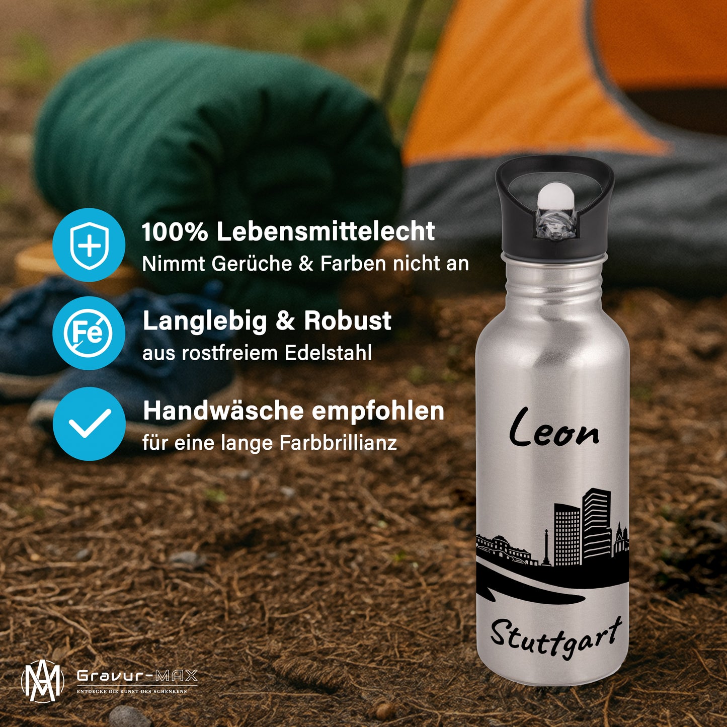 Trinkflasche in Silber 600ml aus Edelstahl bedruckt mit der Skyline von Stuttgart personalisierbar mit Wunschname