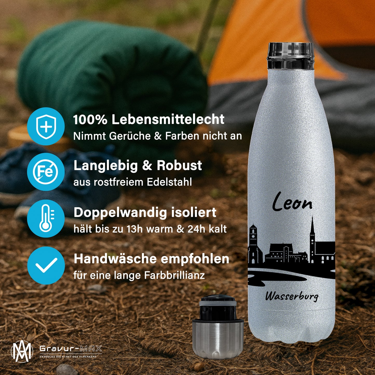 Glitzer Trinkflasche in Silber 500ml aus Edelstahl bedruckt mit der Skyline von Wasserburg personalisierbar mit Wunschname