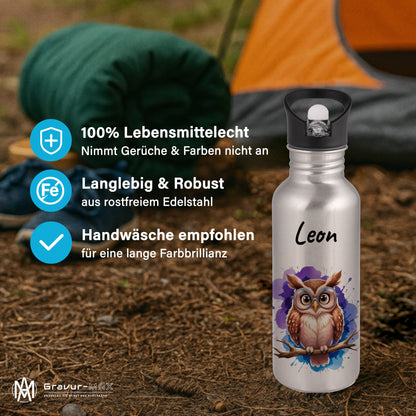 Trinkflasche mit Strohhalm in Silber 600ml bedruckt mit niedlichen Tieren"Eule" personalisierbar für Kinder mit Wunschname aus Edelstahl