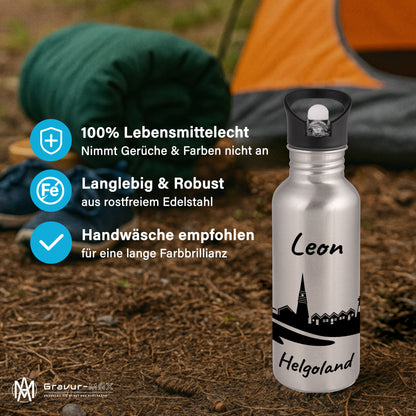 Trinkflasche in Silber 600ml aus Edelstahl bedruckt mit der Skyline von Helgoland personalisierbar mit Wunschname