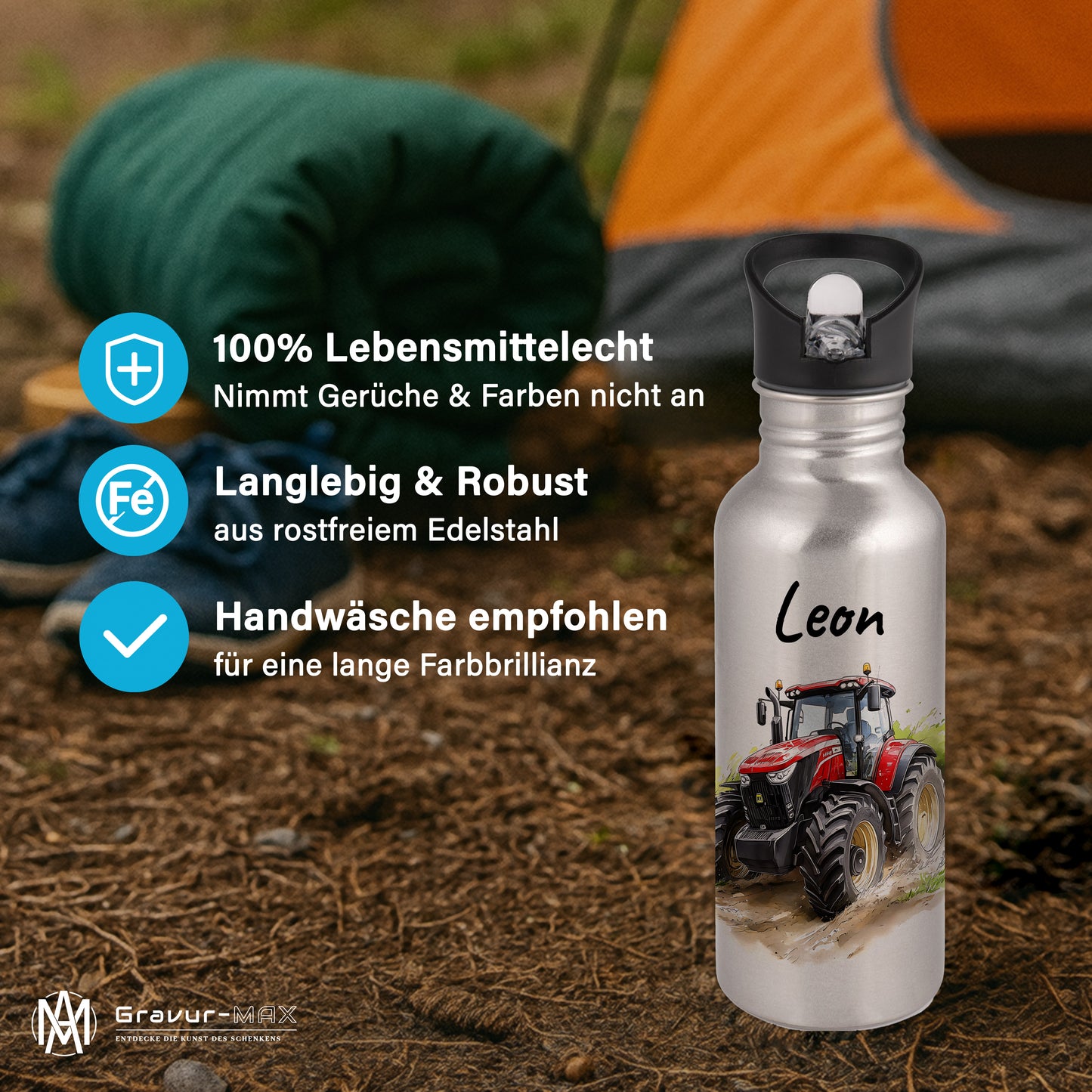 Trinkflasche mit Strohhalm in Silber 600ml bedruckt mit tollen Motiven für Kinder "Traktor" personalisierbar für Kinder mit Wunschname aus Edelstahl