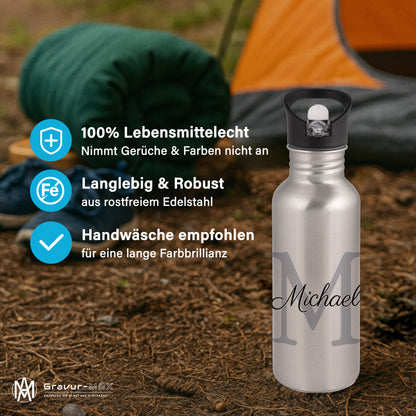 Trinkflasche in Silber 600ml aus Edelstahl bedruckt als "Namensflasche" personalisierbar für Kinder und Erwachsene mit Wunschname