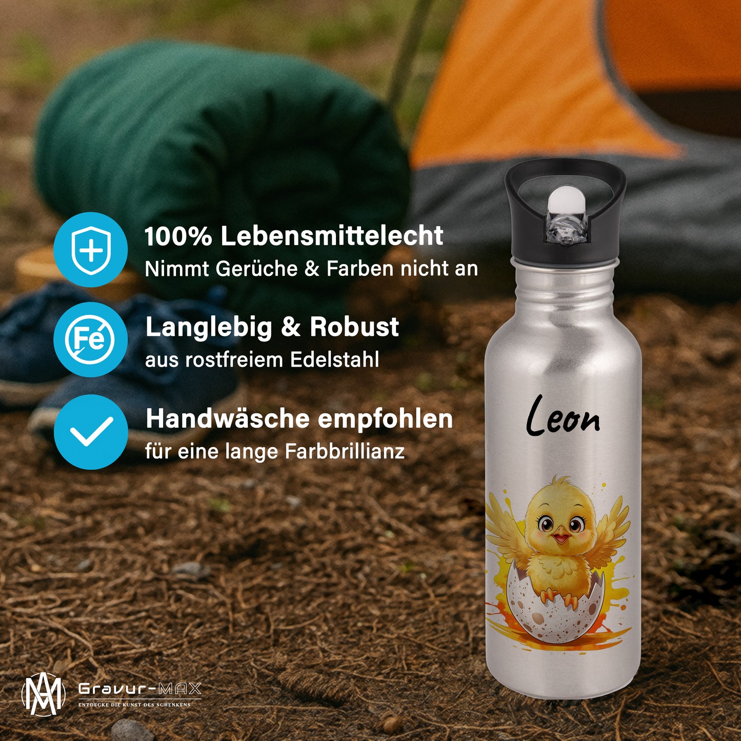 Trinkflasche mit Strohhalm in Silber 600ml bedruckt mit niedlichen Tieren"Küken" personalisierbar für Kinder mit Wunschname aus Edelstahl
