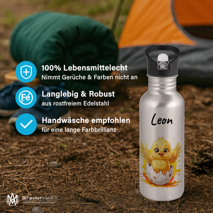 Trinkflasche mit Strohhalm in Silber 600ml bedruckt mit niedlichen Tieren"Küken" personalisierbar für Kinder mit Wunschname aus Edelstahl