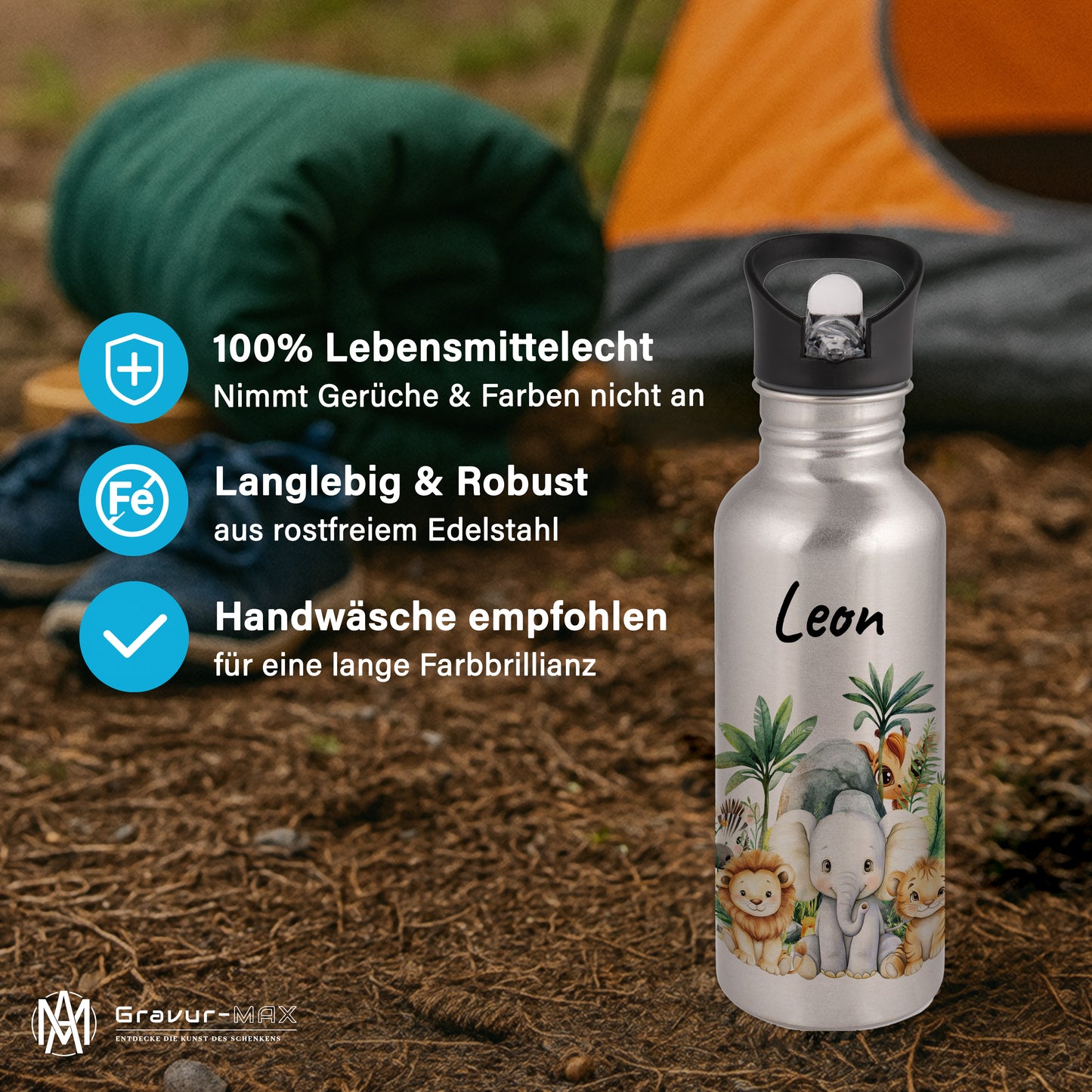 Trinkflasche mit Strohhalm in Silber 600ml bedruckt mit Dschungel Tieren"Dschungel Tiere" personalisierbar für Kinder mit Wunschname aus Edelstahl