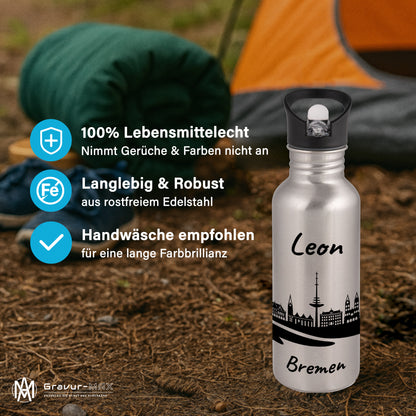 Trinkflasche in Silber 600ml aus Edelstahl bedruckt mit der Skyline von Bremen personalisierbar mit Wunschname