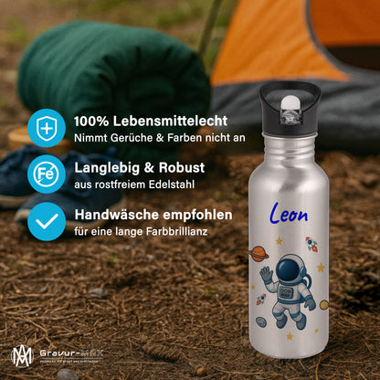 Trinkflasche mit Strohhalm in Silber 600ml bedruckt mit tollen Motiven für Kinder "Astronaut" personalisierbar für Kinder mit Wunschname aus Edelstahl
