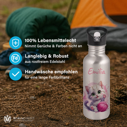 Trinkflasche mit Strohhalm in Silber 600ml bedruckt mit niedlichen Tieren"Katze" personalisierbar für Kinder mit Wunschname aus Edelstahl