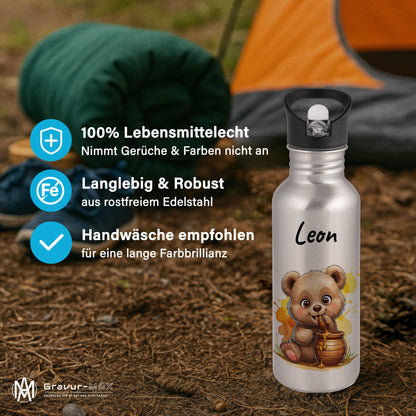 Trinkflasche mit Strohhalm in Silber 600ml bedruckt mit niedlichen Tieren"Bär" personalisierbar für Kinder mit Wunschname aus Edelstahl
