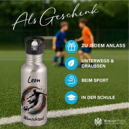Trinkflasche mit Strohhalm in Silber 600ml bedruckt mit Fußball Motiven"Motiv1" personalisierbar für Kinder mit Wunschname aus Edelstahl