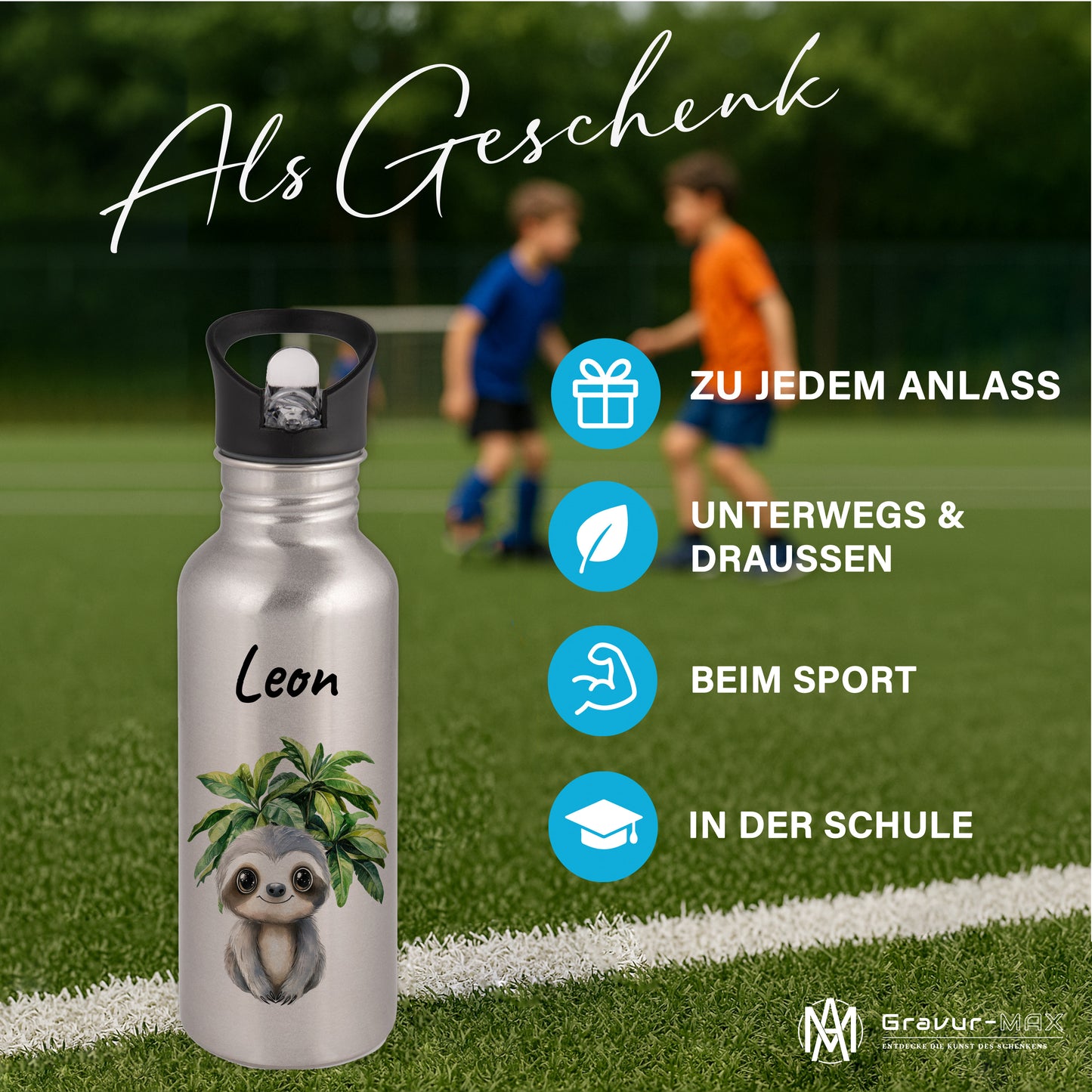 Trinkflasche mit Strohhalm in Silber 600ml bedruckt mit Dschungel Tieren"Faultier" personalisierbar für Kinder mit Wunschname aus Edelstahl