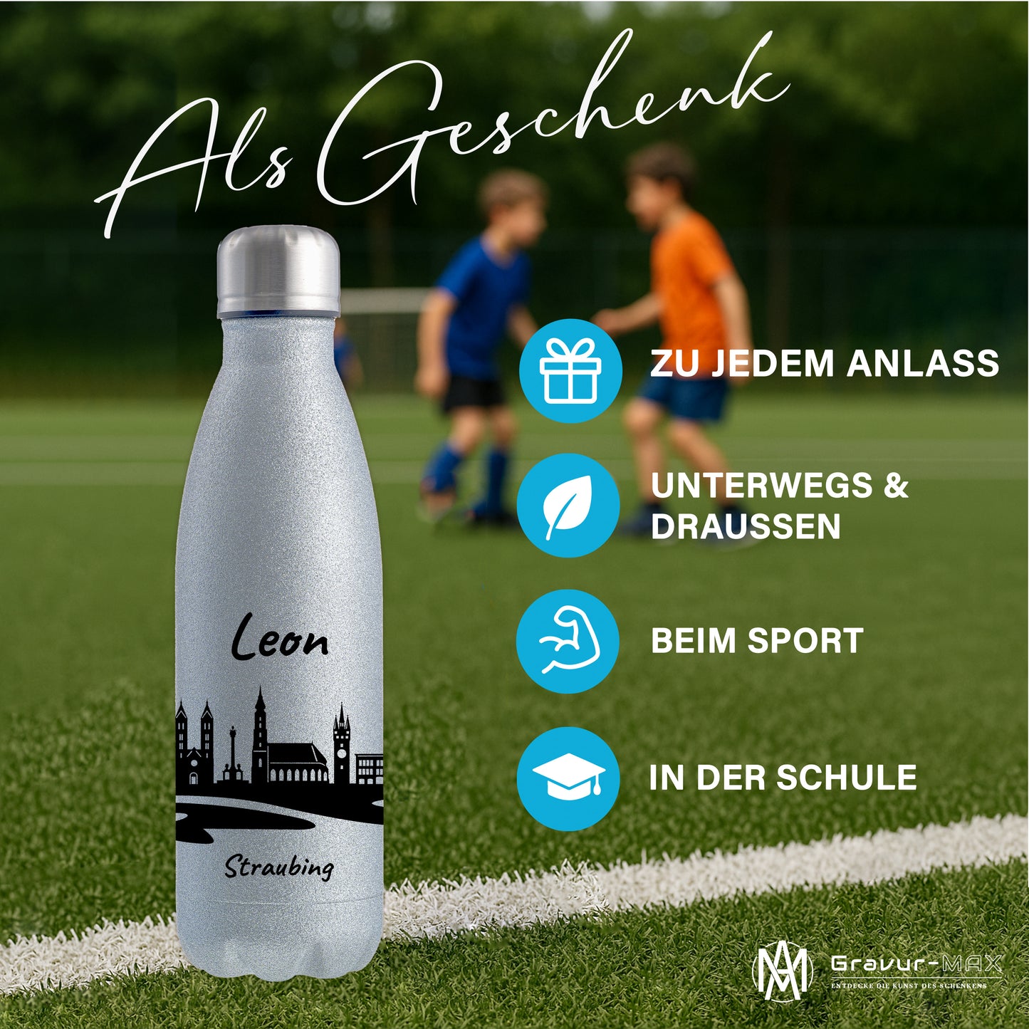 Glitzer Trinkflasche in Silber 500ml aus Edelstahl bedruckt mit der Skyline von Straubing personalisierbar mit Wunschname