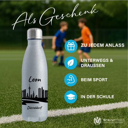 Glitzer Trinkflasche in Silber 500ml aus Edelstahl bedruckt mit der Skyline von Düsseldorf personalisierbar mit Wunschname