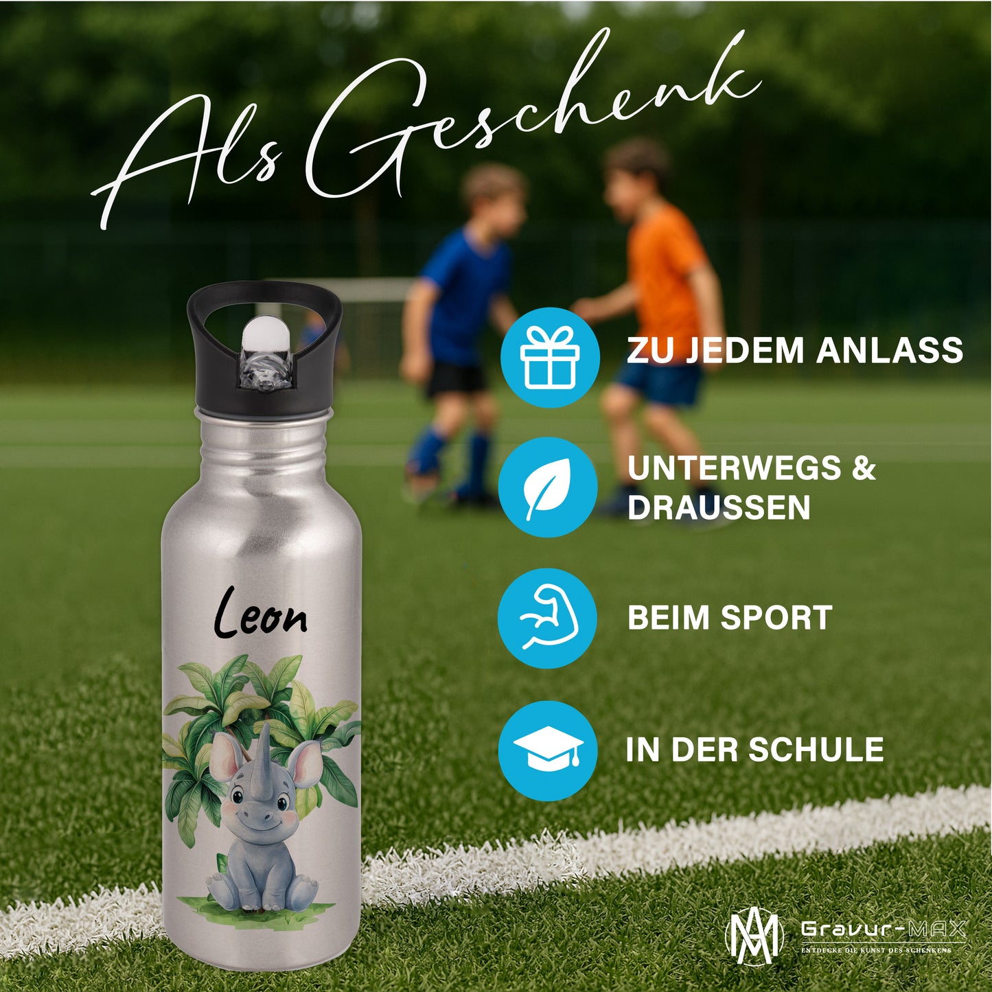 Trinkflasche mit Strohhalm in Silber 600ml bedruckt mit Dschungel Tieren"Nashorn" personalisierbar für Kinder mit Wunschname aus Edelstahl