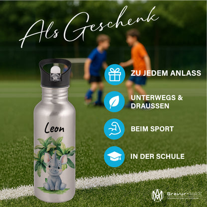 Trinkflasche mit Strohhalm in Silber 600ml bedruckt mit Dschungel Tieren"Nashorn" personalisierbar für Kinder mit Wunschname aus Edelstahl