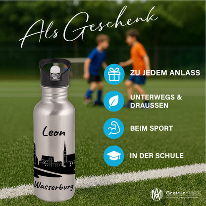 Trinkflasche in Silber 600ml aus Edelstahl bedruckt mit der Skyline von Wasserburg personalisierbar mit Wunschname