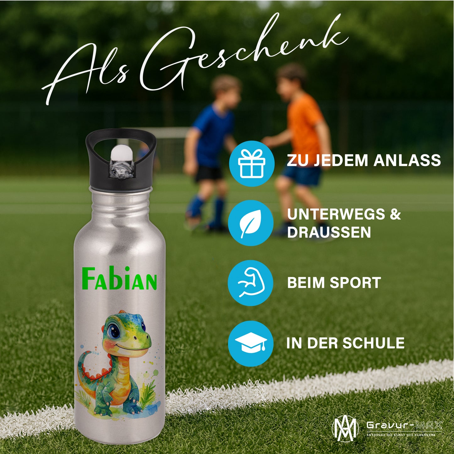 Trinkflasche mit Strohhalm in Silber 600ml bedruckt mit tollen Motiven für Kinder "Dino Kinder" personalisierbar für Kinder mit Wunschname aus Edelstahl
