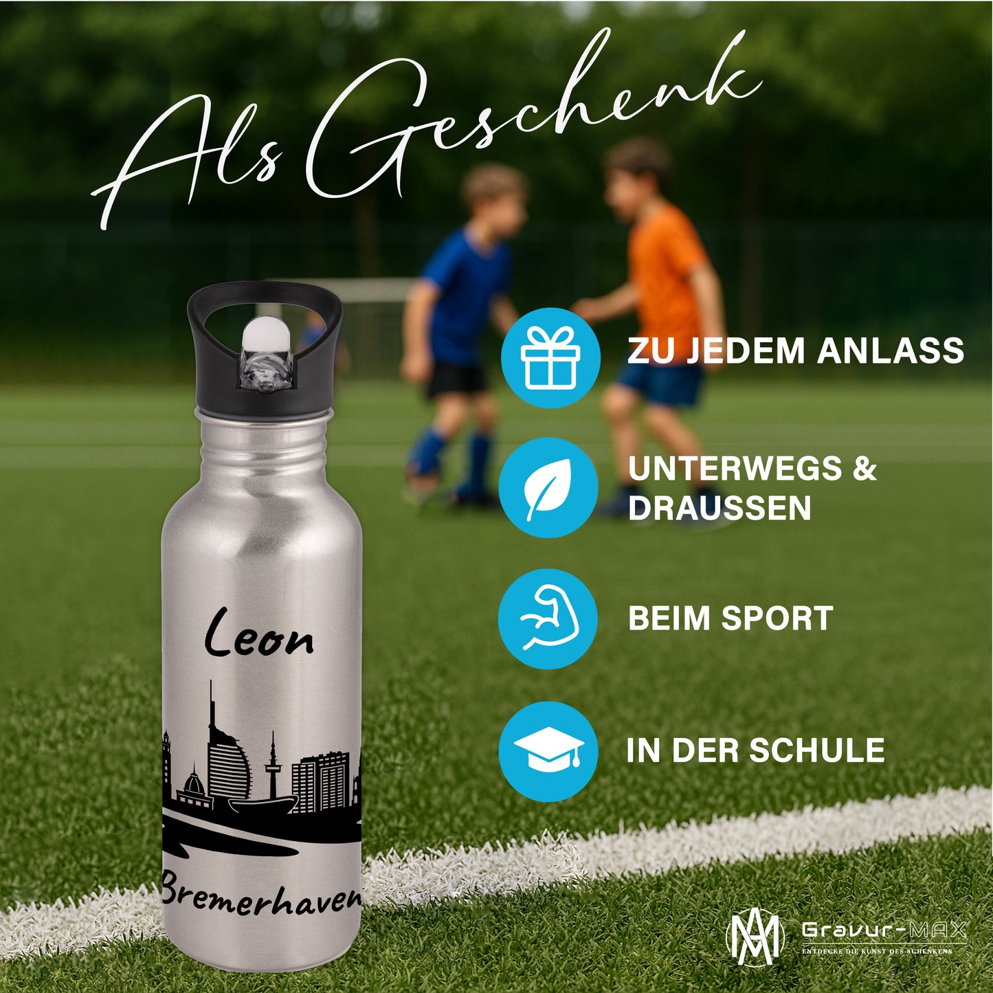 Trinkflasche in Silber 600ml aus Edelstahl bedruckt mit der Skyline von Bremerhaven personalisierbar mit Wunschname