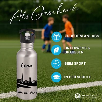 Trinkflasche in Silber 600ml aus Edelstahl bedruckt mit der Skyline von Mülheim an der Ruhr personalisierbar mit Wunschname