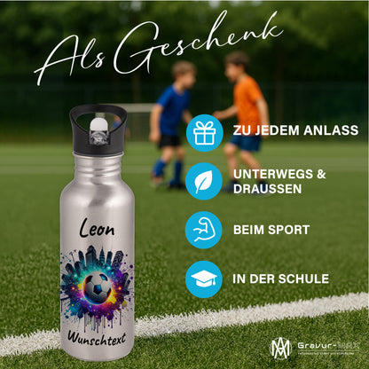 Trinkflasche mit Strohhalm in Silber 600ml bedruckt mit Fußball Motiven"Motiv7" personalisierbar für Kinder mit Wunschname aus Edelstahl