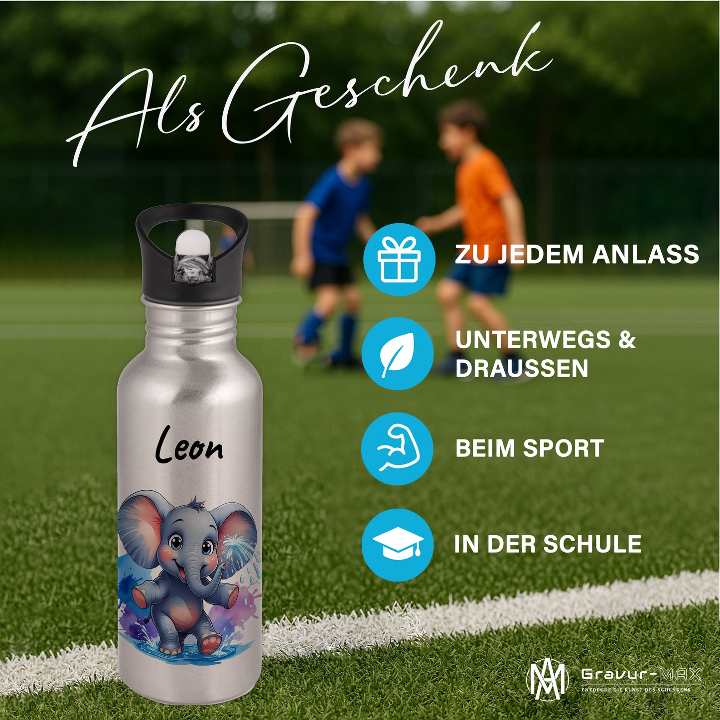 Trinkflasche mit Strohhalm in Silber 600ml bedruckt mit niedlichen Tieren"Elefant" personalisierbar für Kinder mit Wunschname aus Edelstahl
