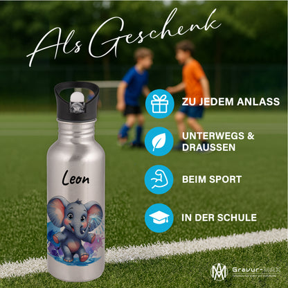 Trinkflasche mit Strohhalm in Silber 600ml bedruckt mit niedlichen Tieren"Elefant" personalisierbar für Kinder mit Wunschname aus Edelstahl