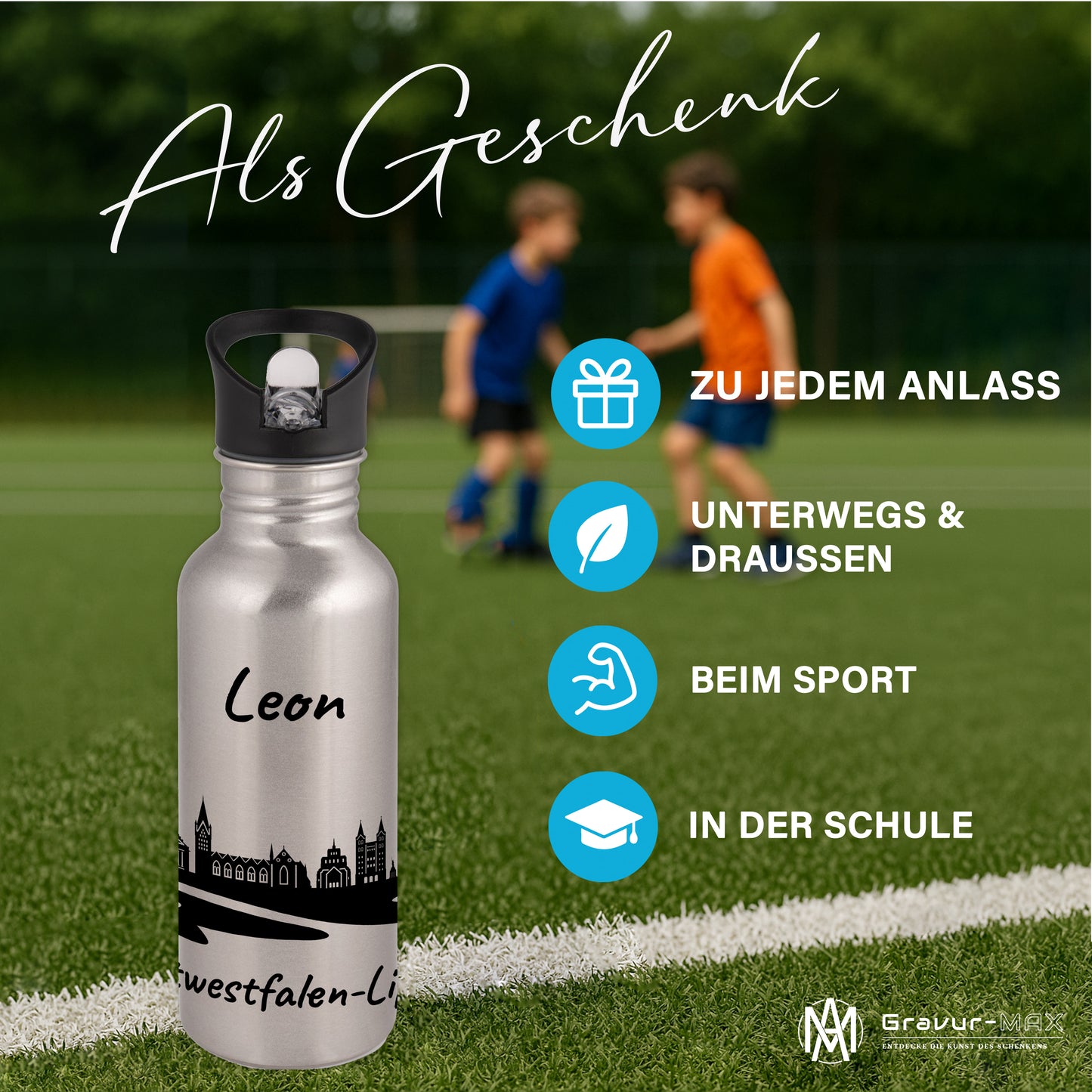 Trinkflasche in Silber 600ml aus Edelstahl bedruckt mit der Skyline von Ostwestfalen-Lippe personalisierbar mit Wunschname