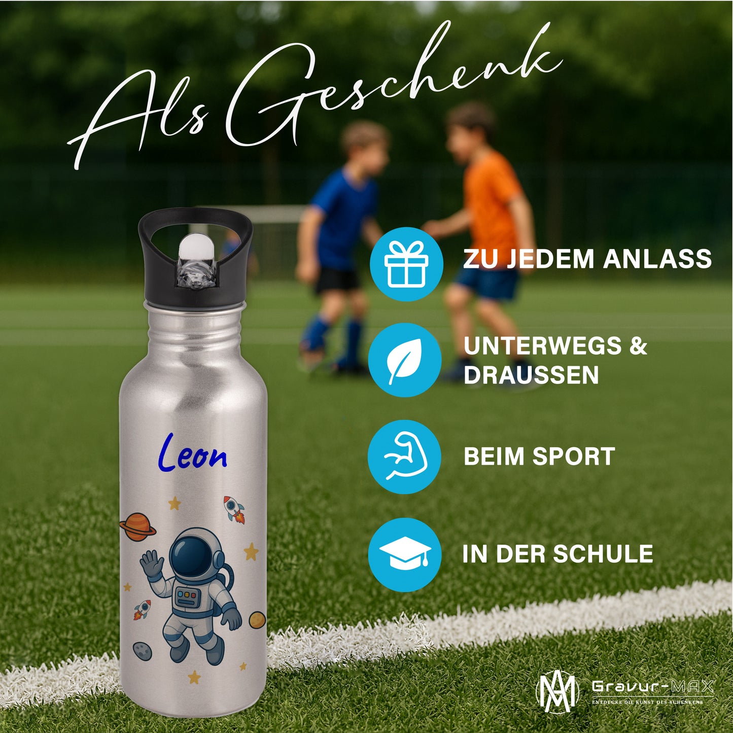 Trinkflasche mit Strohhalm in Silber 600ml bedruckt mit tollen Motiven für Kinder "Astronaut" personalisierbar für Kinder mit Wunschname aus Edelstahl