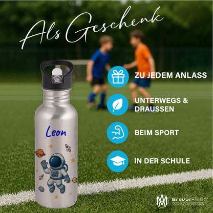 Trinkflasche mit Strohhalm in Silber 600ml bedruckt mit tollen Motiven für Kinder "Astronaut" personalisierbar für Kinder mit Wunschname aus Edelstahl