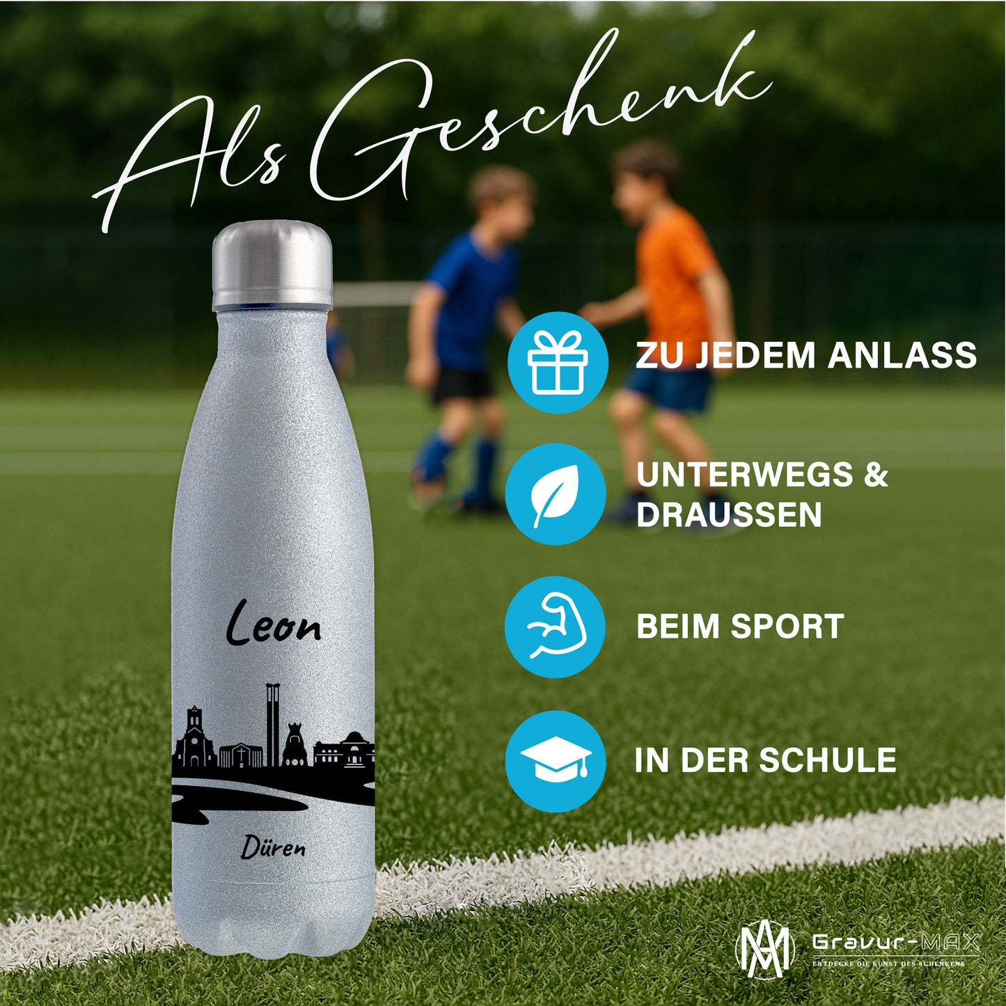 Glitzer Trinkflasche in Silber 500ml aus Edelstahl bedruckt mit der Skyline von Düren personalisierbar mit Wunschname