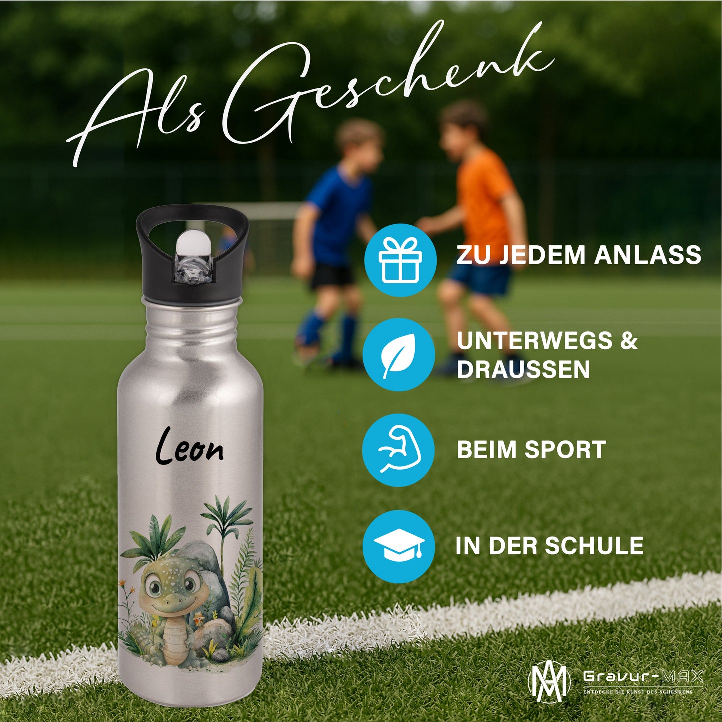 Trinkflasche mit Strohhalm in Silber 600ml bedruckt mit Dschungel Tieren"Krokodil" personalisierbar für Kinder mit Wunschname aus Edelstahl