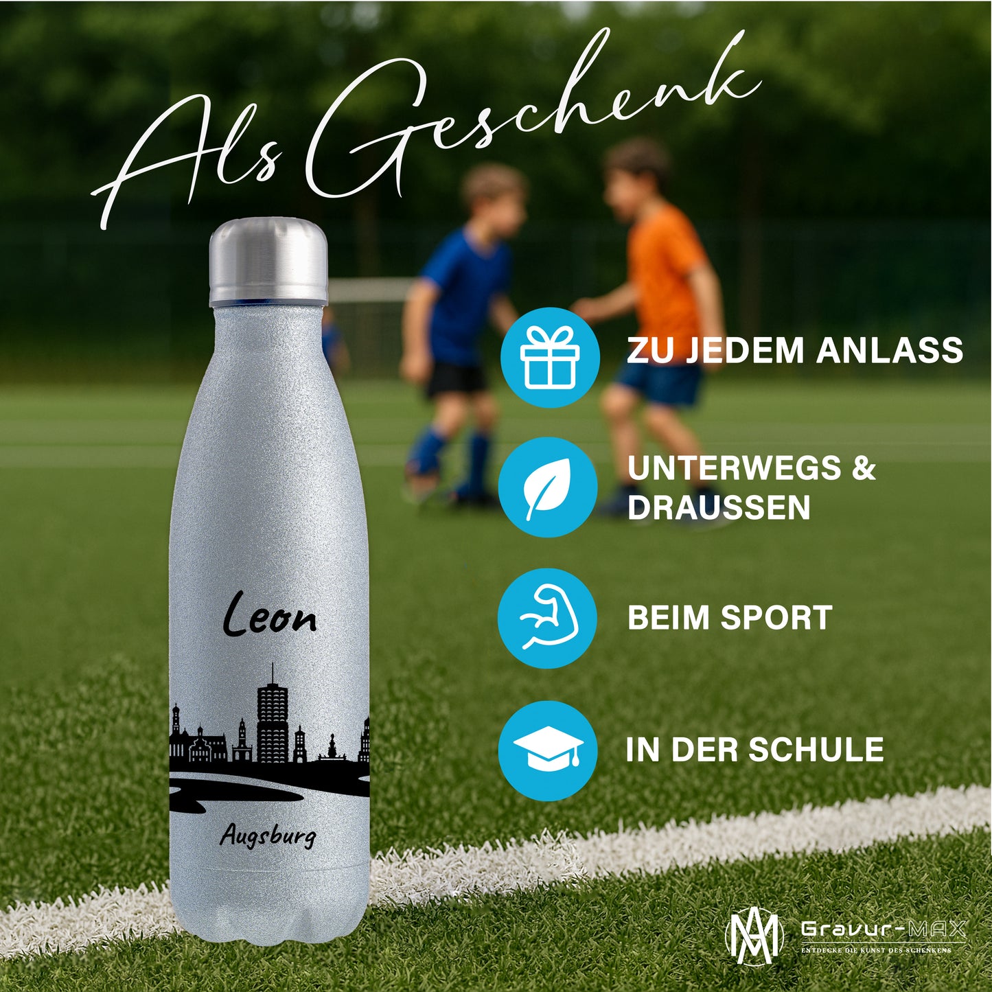 Glitzer Trinkflasche in Silber 500ml aus Edelstahl bedruckt mit der Skyline von Augsburg personalisierbar mit Wunschname