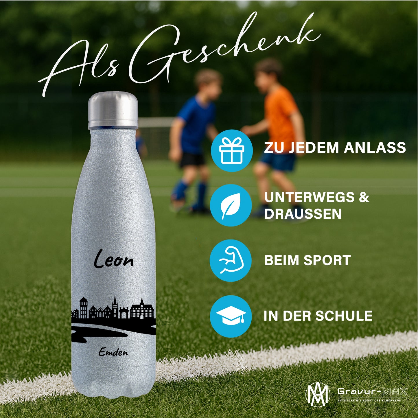 Glitzer Trinkflasche in Silber 500ml aus Edelstahl bedruckt mit der Skyline von Emden personalisierbar mit Wunschname