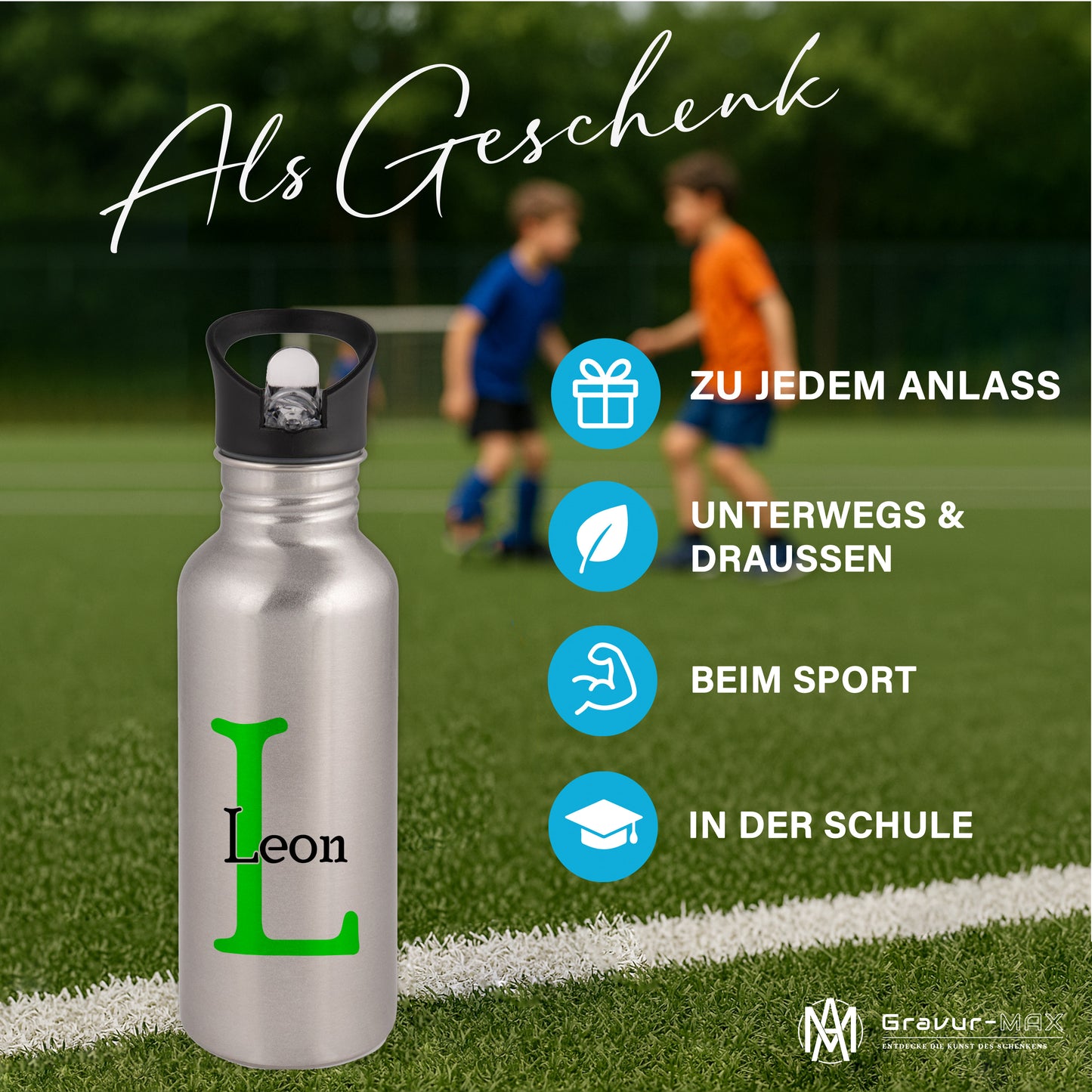Trinkflasche in Silber 600ml aus Edelstahl bedruckt als "Namensflasche" personalisierbar für Kinder und Erwachsene mit Wunschname
