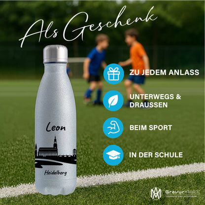 Glitzer Trinkflasche in Silber 500ml aus Edelstahl bedruckt mit der Skyline von Heidelberg personalisierbar mit Wunschname