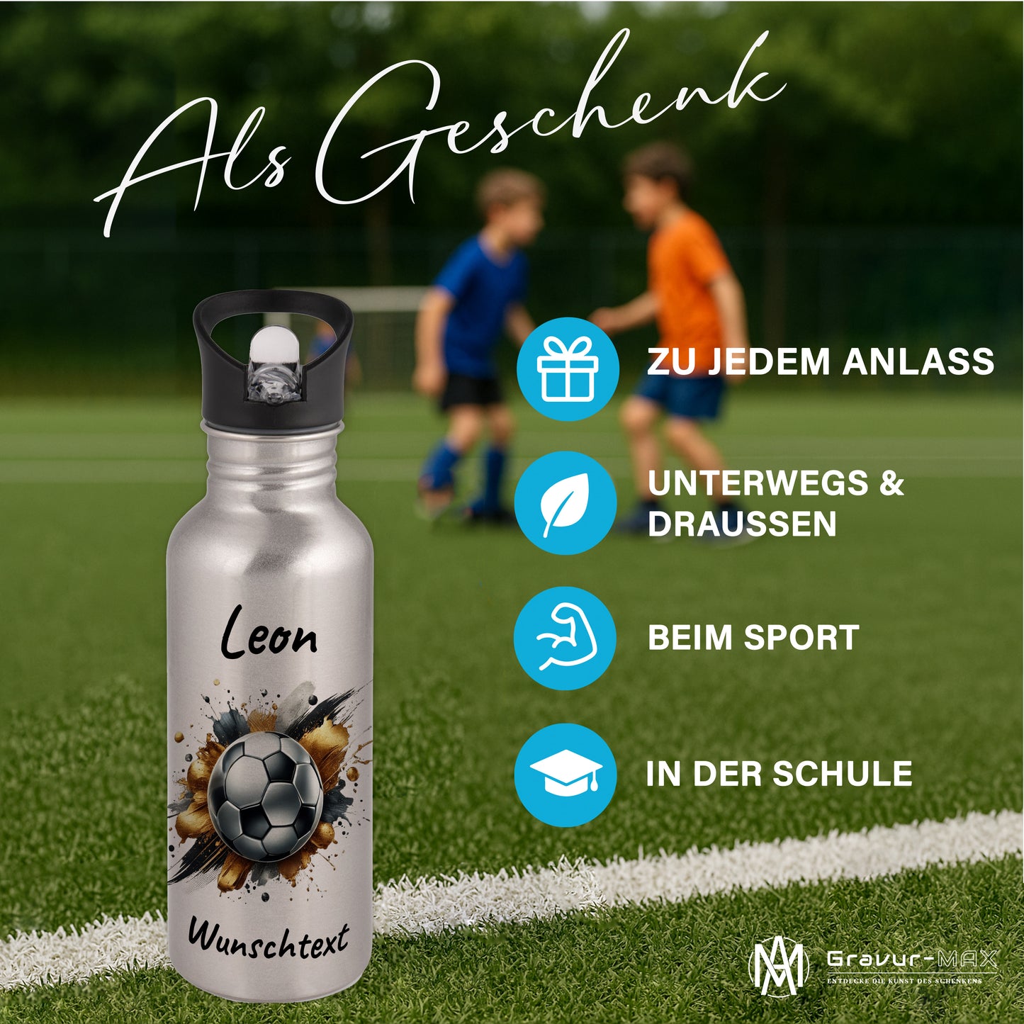 Trinkflasche mit Strohhalm in Silber 600ml bedruckt mit Fußball Motiven"Motiv13" personalisierbar für Kinder mit Wunschname aus Edelstahl