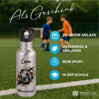Trinkflasche mit Strohhalm in Silber 600ml bedruckt mit Fußball Motiven"Motiv13" personalisierbar für Kinder mit Wunschname aus Edelstahl