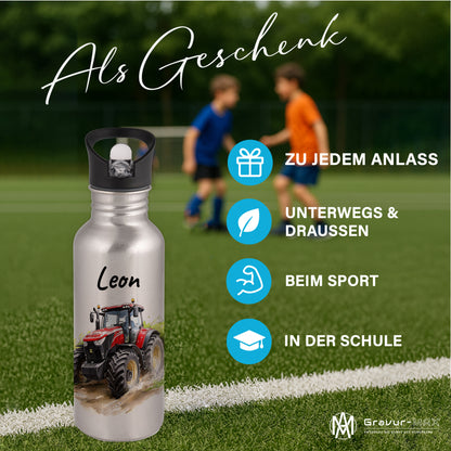 Trinkflasche mit Strohhalm in Silber 600ml bedruckt mit tollen Motiven für Kinder "Traktor" personalisierbar für Kinder mit Wunschname aus Edelstahl