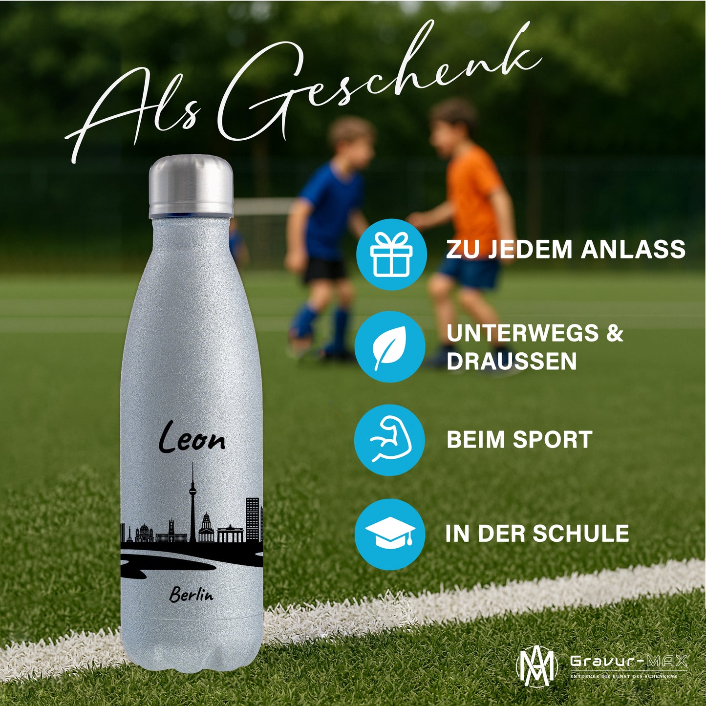 Glitzer Trinkflasche in Silber 500ml aus Edelstahl bedruckt mit der Skyline von Berlin personalisierbar mit Wunschname