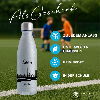 Glitzer Trinkflasche in Silber 500ml aus Edelstahl bedruckt mit der Skyline von Berlin personalisierbar mit Wunschname
