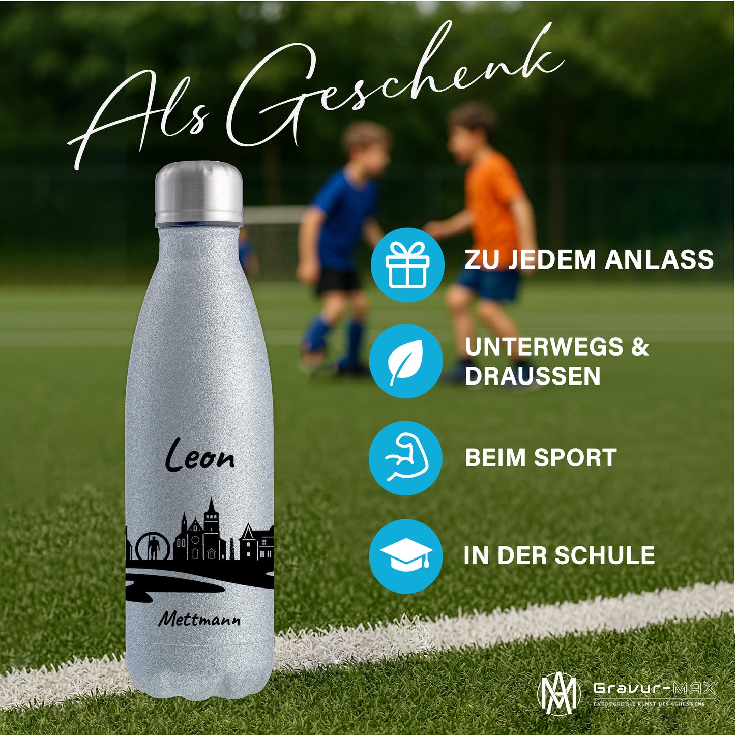 Glitzer Trinkflasche in Silber 500ml aus Edelstahl bedruckt mit der Skyline von Mettmann personalisierbar mit Wunschname